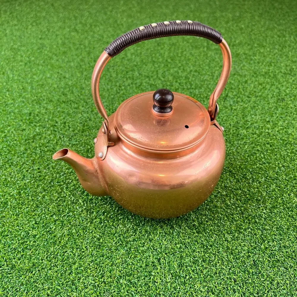 Vintage Copper Teapot Kettle Rattan Wrapped Handle
